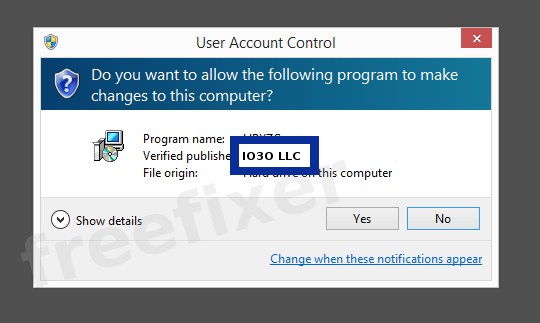 Screenshot where IO3O LLC appears as the verified publisher in the UAC dialog
